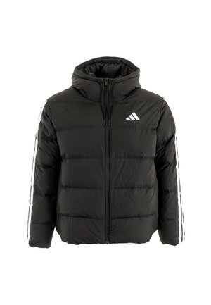 Chaqueta de plumas negra con capucha, cierre de cremallera y acentos de tres rayas blancas en los hombros. Textura acolchada para aislamiento.