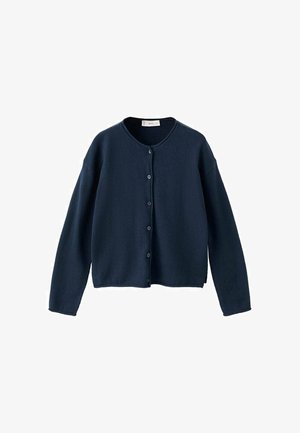 Cardigan bleumarin din material moale, cu decolteu rotund și șapte nasturi frontali. Prezintă mâneci lungi și o lungime scurtată.