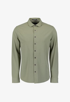 Lange mouwen, knoopsluiting overhemd in licht olijfgroen met een klassieke kraag en donkere knopen, getoond op een witte achtergrond.