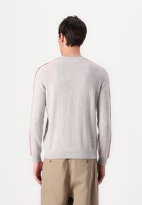 Pull gris clair avec col rond, manches longues et rayures orange sur les côtés, fabriqué à partir d'un matériau doux. Poignets et ourlet côtelés. Design décontracté.