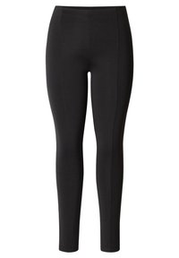 Zwarte high-waisted leggings van rekbare, gladde stof. Heeft een aansluitend ontwerp zonder zichtbare patronen of hardwareaccenten.