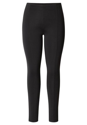 Zwarte high-waisted leggings van rekbare, gladde stof. Heeft een aansluitend ontwerp zonder zichtbare patronen of hardwareaccenten.