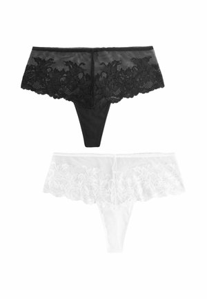 Zwart-witte kanten string met bloemmotieven. De zwarte string heeft een doorschijnende kanten tailleband, terwijl de witte een vergelijkbaar ontwerp heeft.