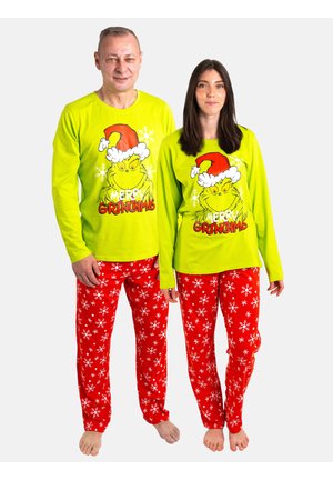 Matching Grinch-themed pajamas: bright green long-sleeve tops with print, red pants with white snowflake pattern. Soft, casual design for comfort.