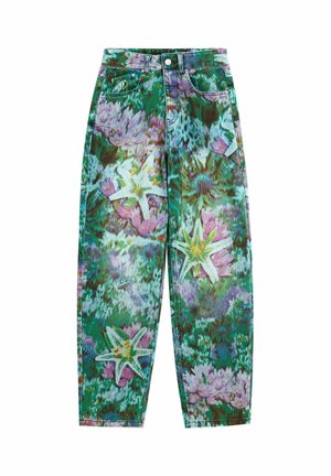 Kõrge vöökohaga teksa, lahtise lõikega, millel on roheline, lilla ja sinine lillemuster suurte valgete liiliatega.