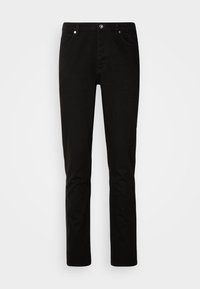 Jean slim noir avec poches avant, passants de ceinture et fermeture par bouton, présenté sur un fond blanc uni.