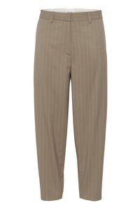 Pantalons à rayures khaki en tissu lisse, avec une coupe droite, des poches avant et une taille ajustée avec passants de ceinture.