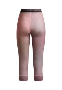 Capri-length leggings in a gradient pink and grey colorway. Features a black waistband with logo, breathable fabric, and smooth texture.