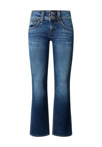 Tumši zili džinsi ar zvana griezumu un izbalējumu, ar divām priekšējām kabatām, dubultu pogu aizdari un dekoratīvu šuvi.