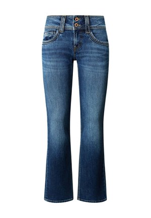 Jeans a zampa in denim scuro con finitura sbiadita, dotati di due tasche frontali, chiusura doppio bottone e cuciture decorative.