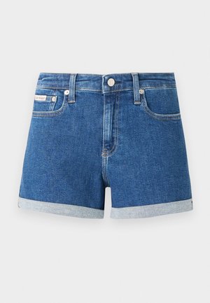 Dunkelblaue Jeansshorts mit umgeschlagenen Säumen. Verfügt über einen Knopfverschluss und Fronttaschen. Glatte Textur mit dezenten Steppdetails.