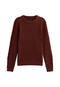 Bruine gebreide trui met een gewatteerd patroon en geribde manchetten en zoom. Heeft een klassieke crew neck en lange mouwen.