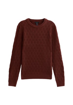 Brown knitted sweater with a textured pattern and ribbed cuffs and hem. Features a classic crew neck and long sleeves.