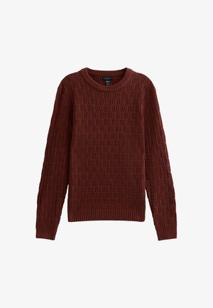 Pull en tricot marron avec un motif texturé et des poignets et un ourlet côtelés. Présente un col rond classique et des manches longues.
