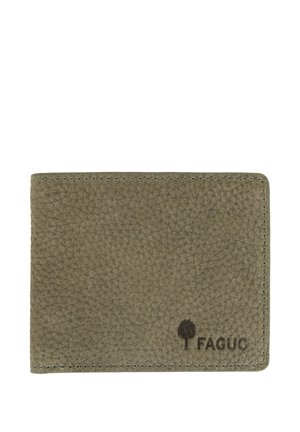 Olivgrüne, strukturierte Lederbrieftasche mit abgesteppten Kanten, einem kleinen Baum-Logo und "FAGUO" geprägt in der unteren rechten Ecke.