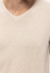 Beige V-hals trui met een gestructureerde brei. Bevat een klein logo op de linkerborst. Geribbelde neklijn en zacht materiaal.