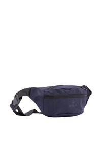 Borsone a tracolla blu navy realizzato in nylon con una superficie liscia, dotato di una tasca frontale con zip e di una tracolla regolabile con chiusura a scatto laterale.