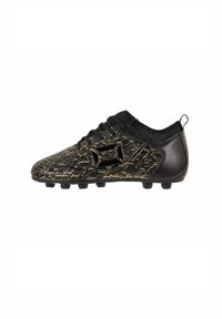 Scarpa da calcio sintetica nera e oro con upper testurizzato, design con lacci e tacchetti in gomma sulla suola per la trazione.