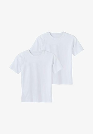 Zwei weiße Baumwoll-T-Shirts, kurzärmelig, mit Rundhalsausschnitt, glatte Textur, ohne Muster oder Akzente. Klassische Passform, vielseitiges Design.