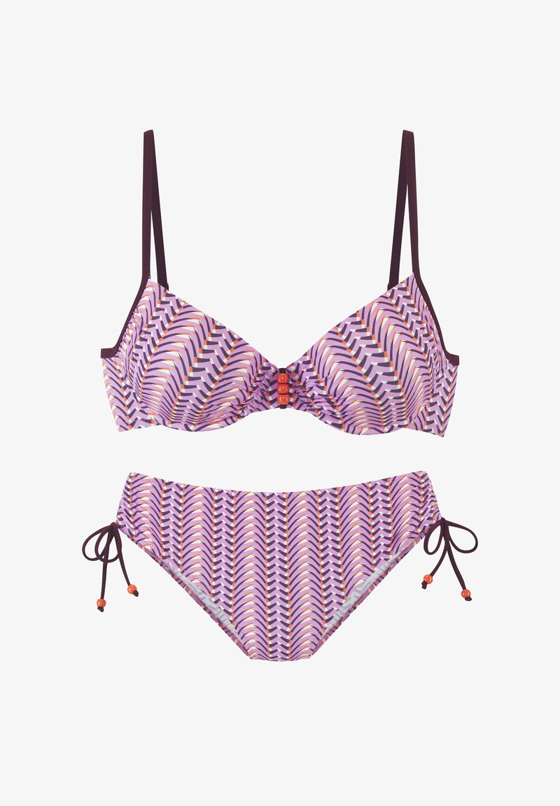 Bikini set featuring a purple and pink geometric pattern. The top has underwire support and red bead accents; the bottoms have adjustable ties.