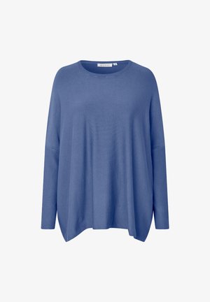 Løs pasform langærmet sweater i afdæmpet periwinkle blå med ribbede manchetter, rund halsudskæring og asymmetrisk kant.