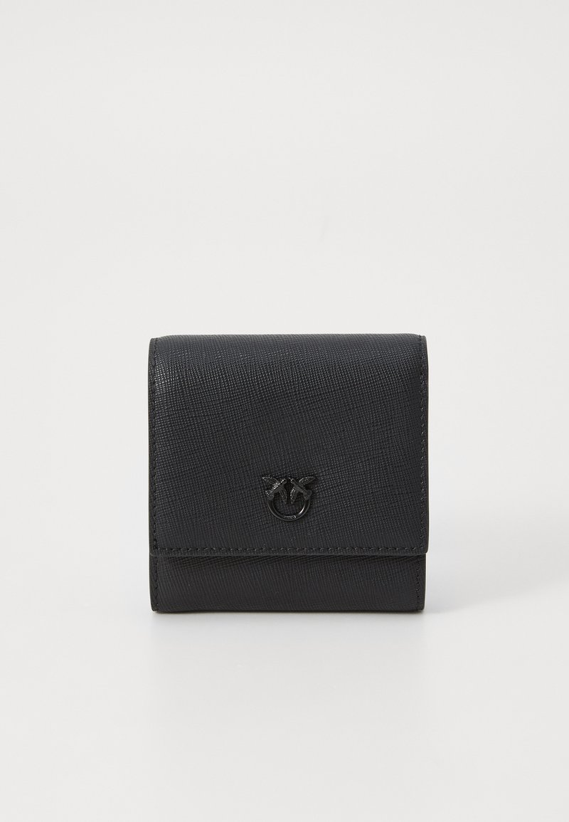 Black leather wallet with a textured surface, fold-over design, and a small embossed logo on the front. Compact and minimalistic shape.