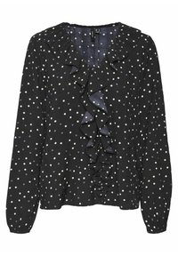 Svart blus med vita och lila prickar, med volangdetalj fram och långa ärmar, tillverkad av lättviktsmaterial.