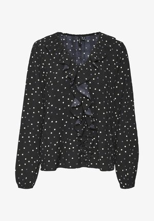 Bluză neagră cu buline albe și violet, cu detalii cu volane în față și mâneci lungi, realizată dintr-un material ușor.