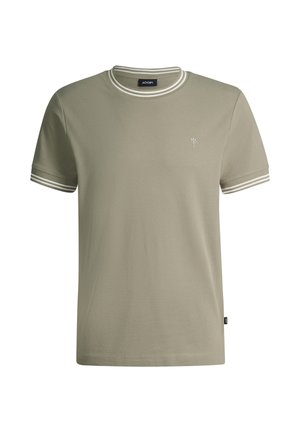 Herren-T-Shirt mit kurzen Ärmeln in Beige, weißen Doppellinien am Kragen und an den Ärmeln, kleines gesticktes Logo auf der linken Brust.