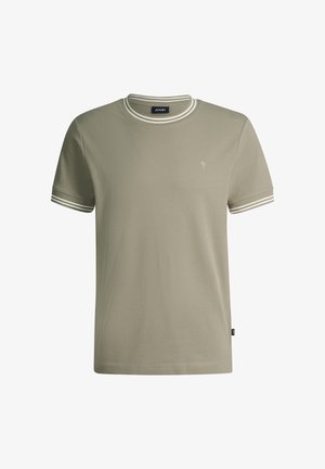 Herren-T-Shirt mit kurzen Ärmeln in Beige, weißen Doppellinien am Kragen und an den Ärmeln, kleines gesticktes Logo auf der linken Brust.