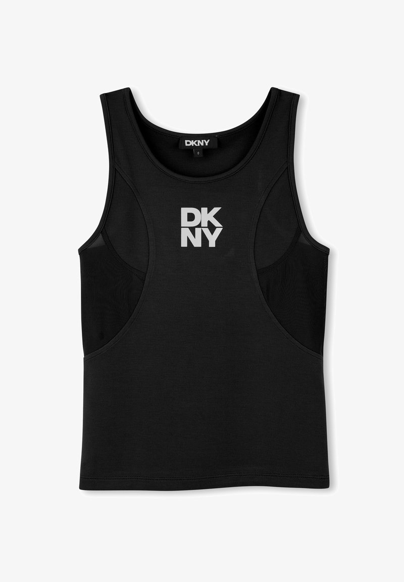 Débardeur sans manches noir en tissu lisse, avec un col rond, des panneaux latéraux en maille, et un logo blanc "DKNY" bien visible sur le devant.