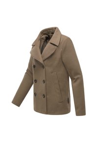Brun ullmixad peacoat med dubbelknäppt front, stora knappar, breda slag och två sidofickor. Mjuk textur, skräddarsydd passform.