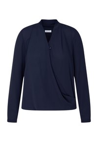 Blusa a maniche lunghe blu navy con scollatura a V, design drappeggiato e sottile dettaglio con bottoni sulla scollatura, realizzata in tessuto morbido e fluido.