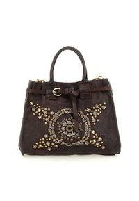 Borsa a mano in pelle marrone con decorazioni in oro e argento. Presenta un motivo a spirale e due manici corti. Design compatto e strutturato.