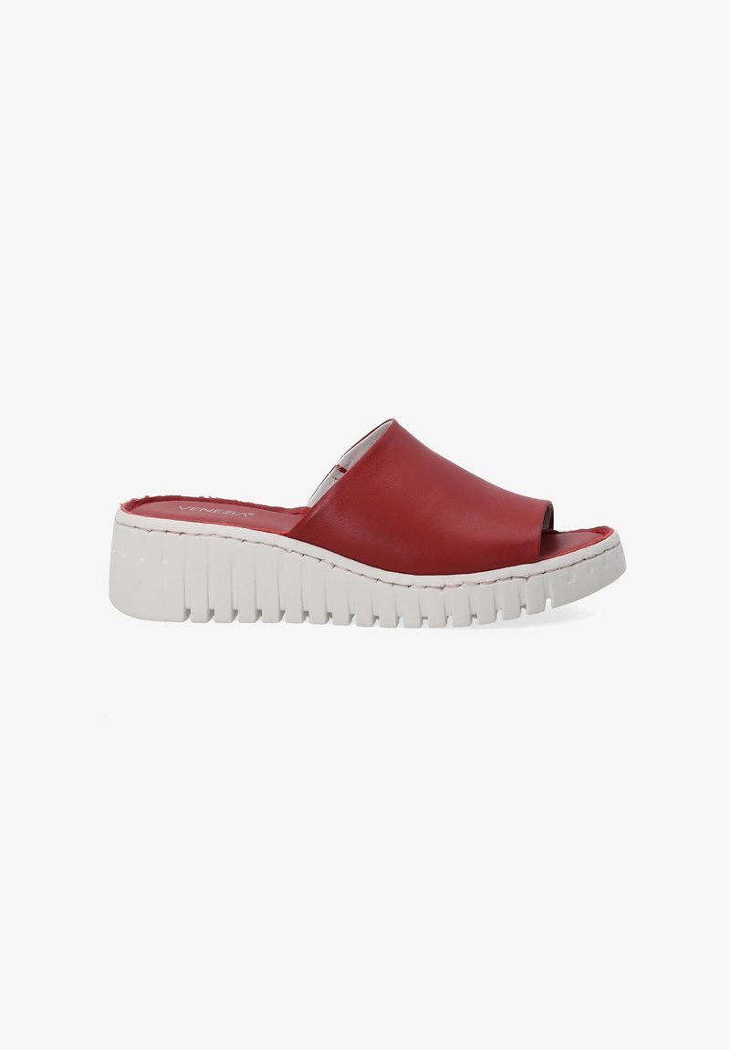 Red leather slide sandals with an open toe design, accented by a thick white ridged sole. Smooth texture and minimal stitching detail.