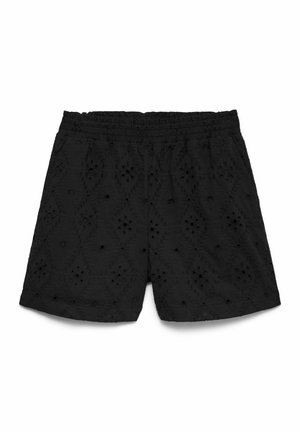Shorts noirs en coton avec taille élastique et motif de broderie florale ajourée, posés à plat sur fond blanc.