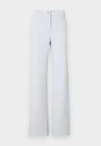Light blue wide-leg pants made of soft fabric, featuring a front button closure, belt loops, and two side pockets. Smooth texture and simple design.