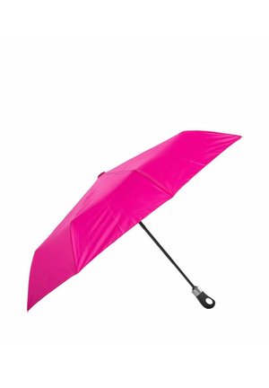 Jaskraworóżowy kompaktowy parasol z czarnym trzonkiem i zaokrągloną czarną rączką z owalnym otworem do zawieszenia lub chwytania.