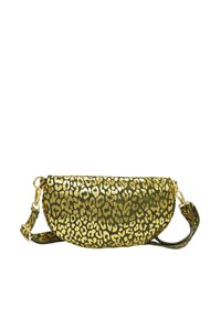 Sac à épaule vert métallisé arborant un motif léopard doré, de forme arrondie et avec une bandoulière détachable. Accents en métal doré.