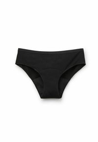 Schwarze Baumwoll-Bikini-Unterwäsche mit einem breiten elastischen Bund und nahtlosen Kanten für zusätzlichen Komfort. Glatte Textur und minimale Abdeckung.