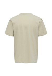 Kurzärmliges T-Shirt aus hellbeigem Baumwollstoff, mit einem klassischen Rundhalsausschnitt und einer lässigen Passform mit geradem Saum.