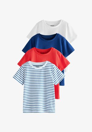 Four neatly stacked short-sleeve crew neck t-shirts in white, navy blue, red, and white with blue horizontal stripes.