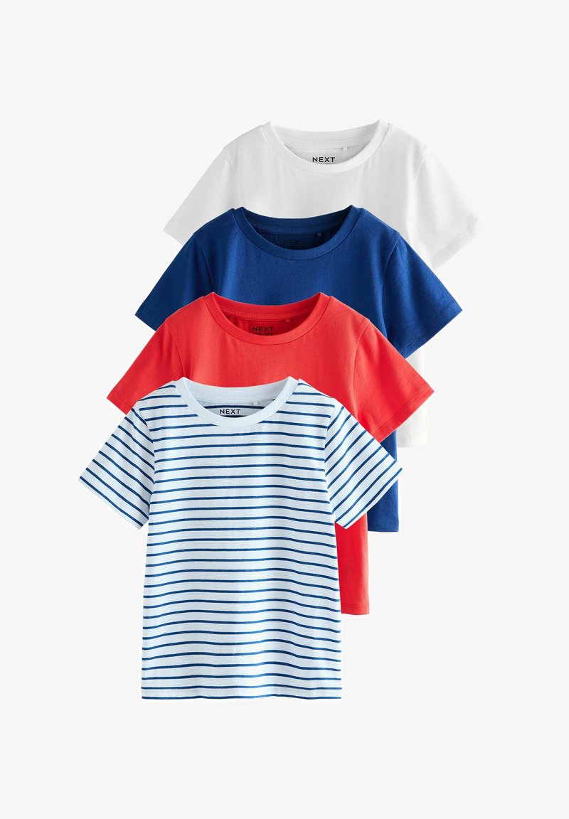 Firestakkede kortærmede T-shirts med crew neck i hvid, marineblå, rød og hvid med blå vandrette striber.