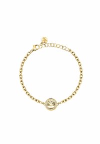 Bracciale in tono oro con design a catena collegata, ciondolo circolare con motivo ad albero e dettagli in strass trasparenti attorno al ciondolo.