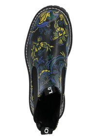 Stivale slip-on nero con un motivo floreale giallo e blu. Realizzato in materiale resistente con pannelli elastici laterali e cuciture bianche a contrasto.