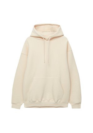 Crèmekleurige pullover hoodie met voorvak, trekkoord aan de capuchon, geribbelde boorden en zoom, weergegeven op een witte achtergrond.