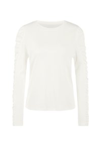 White long-sleeve shirt made of soft fabric, featuring gathered ruffles along the sleeves and a round neckline for a fitted silhouette.
