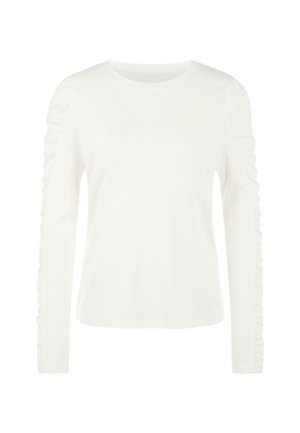 Weißes Langarmshirt aus weichem Stoff, mit gesammelten Rüschen entlang der Ärmel und einem Rundhalsausschnitt für eine figurbetonte Silhouette.