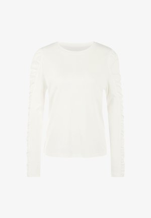 Weißes Langarmshirt aus weichem Stoff, mit gesammelten Rüschen entlang der Ärmel und einem Rundhalsausschnitt für eine figurbetonte Silhouette.