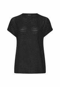 Black short-sleeve top made from textured knitted fabric, featuring a relaxed fit and horizontal stripe pattern.